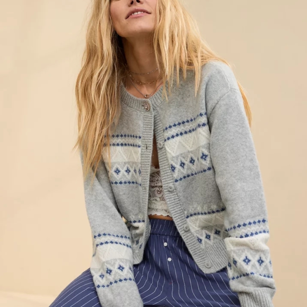 Aerie unREAL Fairisle Cardigan, Size L, Heathered Grey, Nordic Sweater